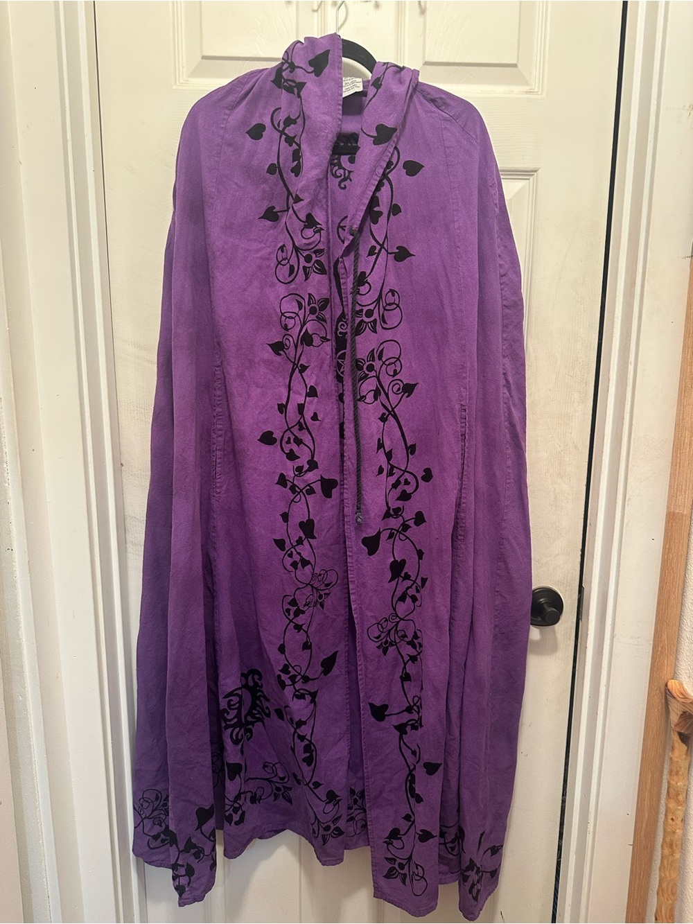 Purple Hooded Long Cloak with Black Vine and Goddess Design Pagan Ritual Goth
